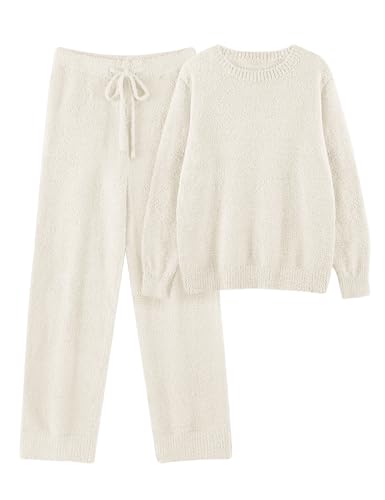Uikue Fleece Pajama Set for Women Warm Fuzzy Pjs Knitted Lounge Sets Winter Loungewear Sleepwear 2 Piece Soft Sweater Pants(Beige,L)