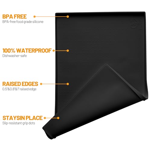 Hubulk Dog Feeding Mat,100% Waterproof Food Grade Silicone Pet Food and Water Bowl Placemat,Dishwasher, High Raised Edge to Prevent Spills,Nonslip Tray to Stop Messes on Floor（28"x18"x0.8", Black） by Hubulk - Image 2