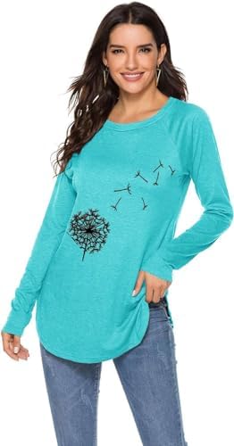 Teesho Damen Longshirt Langarm Elegant Oberteile Löwenzahn Baumwolle Shirt Casual Tops Tunika – Bild 3