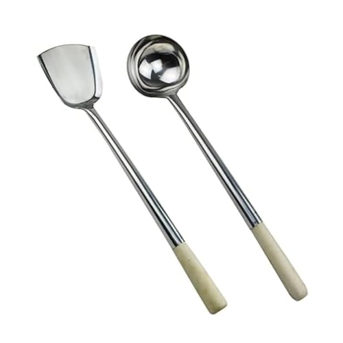 Image of Stainless Steel Wok Spatula and Ladle Set with Wooden Handles 2 Piece Cooking Tool Set for Stir Fry Deep Fry and Serving (Wok Spatula and Ladle Set)