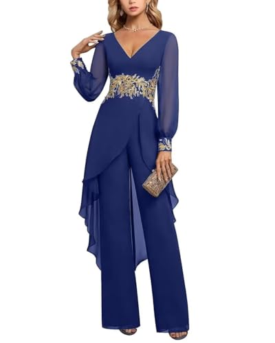 Elegant Royal Blue Mother of the Bride Pantsuits with Chiffon Lace Applique and Ruffles for a Stunning Wedding Look