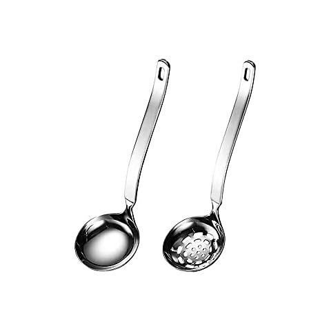 Collfa Soup Ladle Metal SUS304 Stainless Steel Ladles Spoon And Slotted Colander Spoon Set Small Soup Ladle With Holes Strainer Scoop Ladles For Serving Gravy Hot Pot Or Restaurant,2 Piece Set Cover