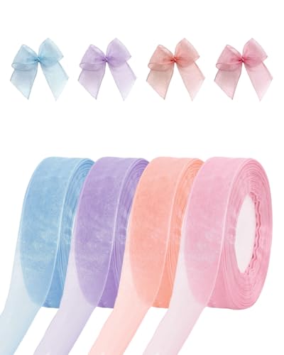 FUGLUS Cinta de organza de 2,5 cm x 45 m para bodas, cinta de regalo oscura, tonos de rosa: champán, rosa flor de cerezo, azul lago y morado.