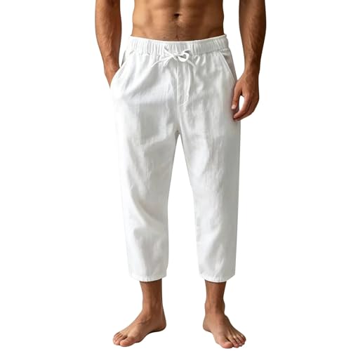 HUYTBYG Pantalones de lino para hombre, 3/4 de longitud, capri de 3/4 de longitud, pantalones cortos de verano holgados, pantalones deportivos transpirables, pantalones largos recortados suaves
