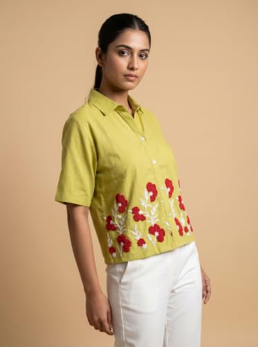 Image of Stylish Women's Embroidered Shirts | Geometric Pattern Half Sleeve Collared Button-Up Casual Shirt for Women