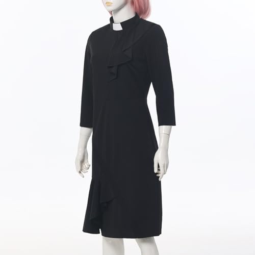 CAMDOM Women's Clergy Dress 3/4 Sleeve Black Pencil Dress with Ruffle Collar3