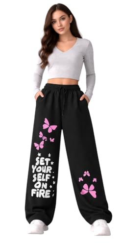 Image of CRAMPLEWomen's Graphic Print Wide Leg Sweatpants, Elastic Waist with Drawstring, Casual Streetwear Joggers