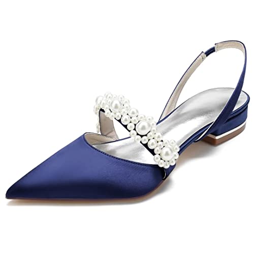 Image of Satin Pearls Wedding Shoes for Bride Flat Pointed Toe Women Slingback Flats
