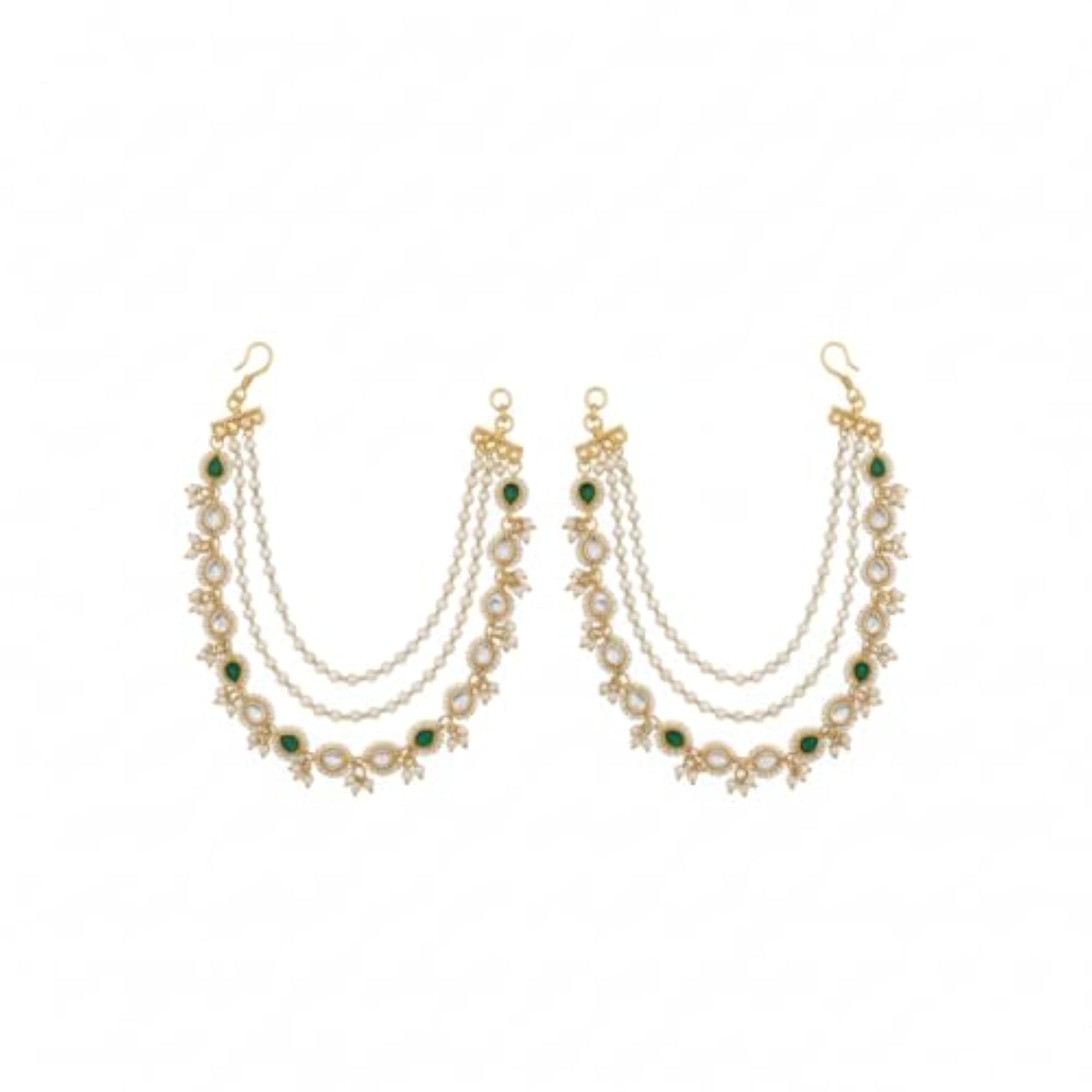 Gold Plated Pearl & Green Stone Kundan Ear Chain, Bridal