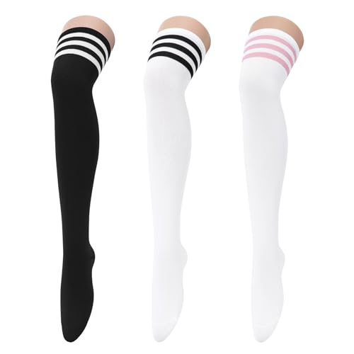 Image of Century Star 3 Pairs Thigh High Socks for Women Over the Knee High Socks Triple Stripe Long Stockings Thigh Highs Leg Warmer