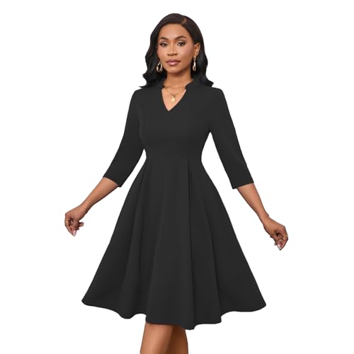 Image of Max2co Midi Dresses for Women Semi Formal Fit and Flare A-Line Swing Dress 3 /4 Sleeve Church Cocktail Dress with Pockets