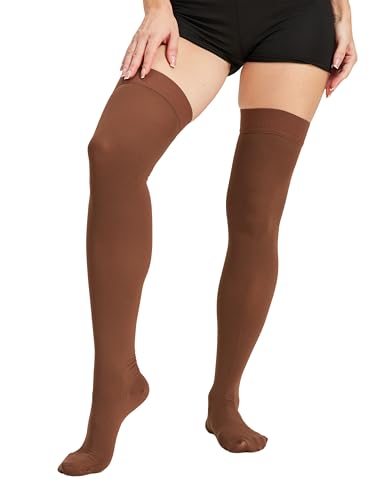 Image of TOFLY Thigh High Compression Socks for Women & Men, Closed Toe 15-20mmHg Graduated Medical Compression Stockings with Silicone Band, Opaque Support Stockings for Varicose Veins, Edema, DVT, Brown XXL