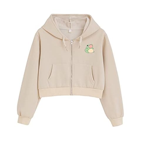 KEEVICI Cute Frog Crop Zip Up Hoodie Girls Kawaii Clothes Cottage Core Aesthetic Sweatshirt E Girl Cotton Jacket with Pockets (Apricot,L) Cover