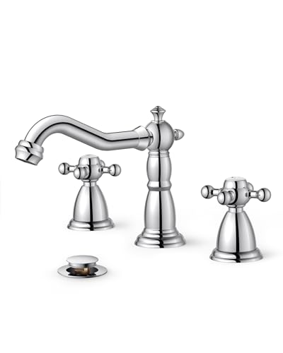 FORIOUS Bathroom Faucets for 3 Hole Sink Polished Chrome, 2-Handle 8 Inch Widespread Antique Vintage Bathroom Sink Faucet for Vanity RV Farmhouse with Metal Pop Up Drain and Supply Lines