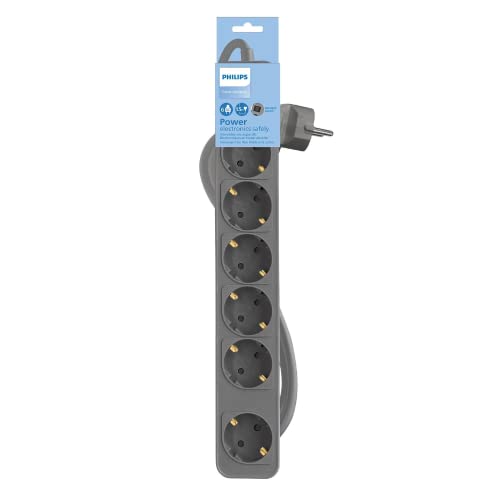 Philips Regletas CHP2164G - Regleta de 6 Enchufes, Cable de 1.5 Metros, Interruptor Principal, Cierre de Seguridad Automático, Indicador LED de Alimentación - Color Gris