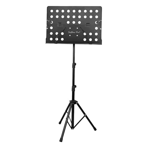 Image of Softline Pro Metal Music Stand, Portable & Foldable Professional Perforated Notation Stand, Tabletop Music Book Stand for Guitar, Ukulele, Violin Players (SP02 - Two Fold)