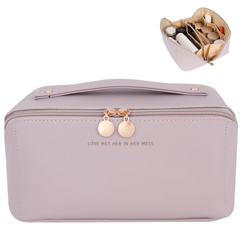 zaleeta Travel Makeup Bag, Large Capacity Cosmetic Organizer Bags for Women, Waterproof PU Leather Toiletry Bags, Wide Open Flat Makeup Case with Divider and Handle