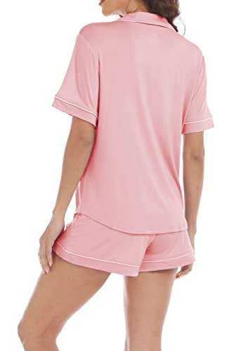 Lubot Women's Pajamas Set Short Sleeve Button-Down Shirt Pj Pants Two-Piece Shorts Set Summer Night Suit Sleepwear Loungewear (Pink, M) #TOP5