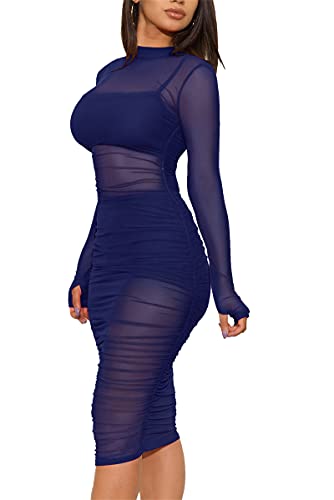 Image of Atyfuniby Women's Sexy 3 Piece Outfits Mesh See Through Ruched Midi Dresses + Crop Tank Tops + Skinny Shorts Sets Clubwear