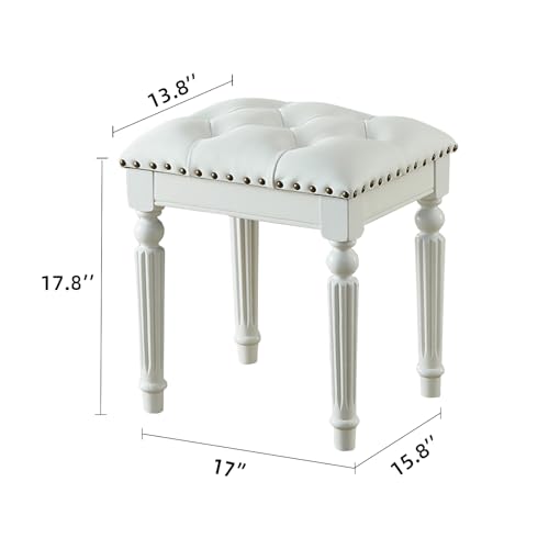 Vanity-Bench-Stool-with-Leather-Cushion-Vanity-Chair-with-Solid-Wood-Carving-Legs-for-Bedroom-Makeup-Room-Living-Room-Easy-Assembly-White Vanity Bench Stool with Leather Cushion Vanity Chair with Solid Wood Carving Legs for Bedroom Makeup Room Living Room Easy Assembly White