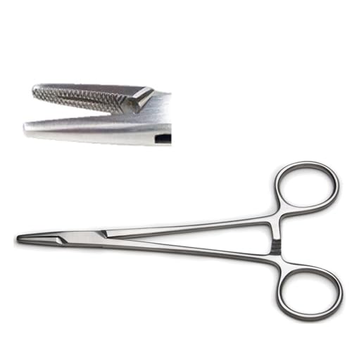 Image of Surgical Instrument Set - CE Needle Holder, Adson Forceps, Iris Scissor with 8 inch Kidney Tray - Stainless Steel Suturing Kit for Medical and Dental Procedures