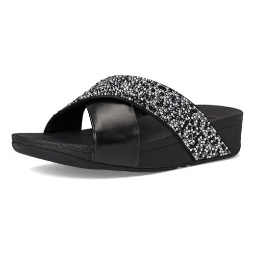 Image of FitFlop Womens Lulu Crystal-Mix Metallic Cross Slides All Black Sandal