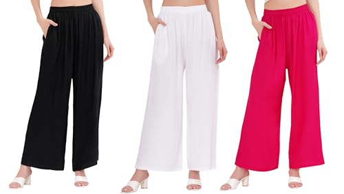 Image of Buy That Trendz Palazzo Pants for Women Rayon Elasticated Regular Fit Flared Wide Leg M to 6XL Pack of 3