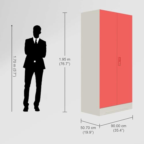 Image of Interio by Godrej Almirah Slimline 2-Door Steel Almirah, Cupboard for Clothes (Alpine White and Hot Coral Matte), 1-Year Warranty, 1 Locker, 4 Shelves