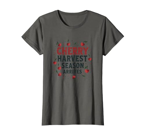 Cherry Harvest Season Arrives Fresh Fruit Design T-Shirt, Women, Asphalt Grey, Small