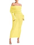 COCCKO Womens Off Shoulder Knit Dress Swimwear Cover Ups Bell Long Sleeve Sexy Strapless Sheer Beach Dress Yellow 2XL
