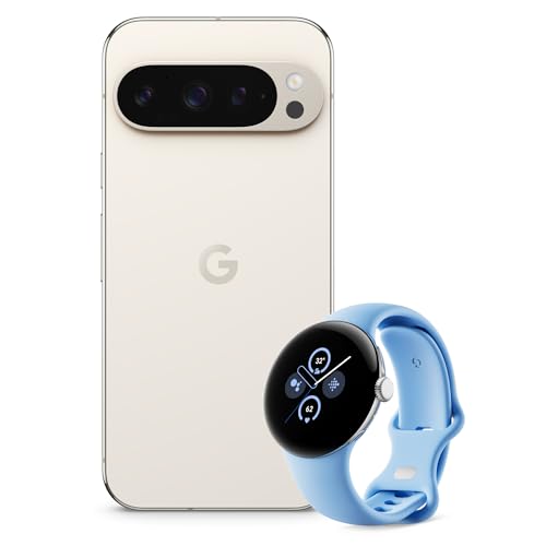 Google Pixel 9 Pro - Android-Smartphone mit Gemini ohne SIM-Lock - Porcelain, 128GB + Pixel Watch 2 - Aluminiumgehäuse in Polished Silver, Sportarmband in Bay, WLAN