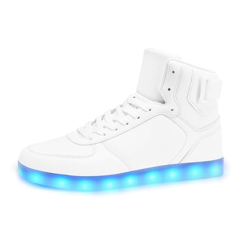 OEKLA Unisex LED Light Up Shoes, Fashion High Top LED Sneakers USB Rechargeable Glowing Luminous Shoes for Men, Women, Teens (White, Adult, Men, 8, Numeric, US Footwear Size System, Medium)