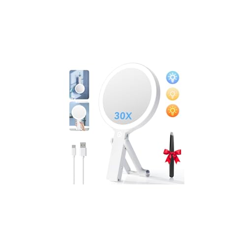 Auxmir 30X/1X Double-Sided Travel Magnifying Mirror with Lights 3 Color Adjustable LED Rechargeable Portable Handheld Tabletop & Hanging for Beauty & Skincare