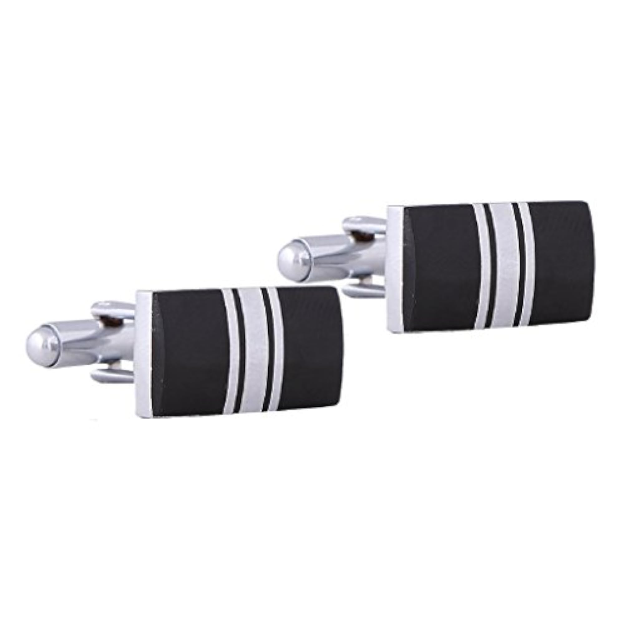 Men's Zivom Stripes Rectangle Black Silver Cufflink Pair