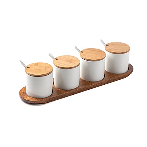 Set di Bottiglie di Condimento in Porcellana Confezione da 4, Scatola di Condimento in Ceramica con Vassoio, Cucchiaio e Coperchio per Zucchero, Pepe, Caffè, Spezie, Sale per Cucina, Casa (Color : A)