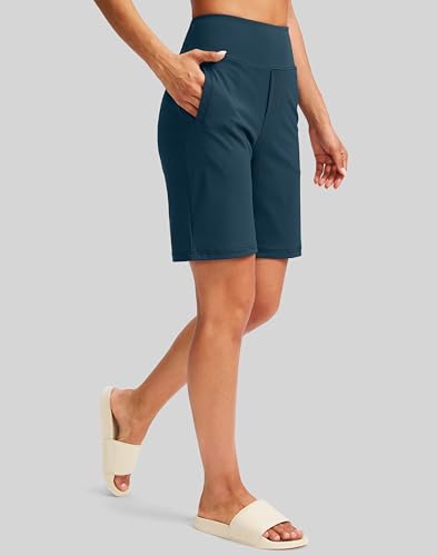 Image of SANTINY Women's 9 inch High Waisted Bermuda Shorts with 4 Pockets Knee Length Long Shorts for Women Workout Athletic Casual