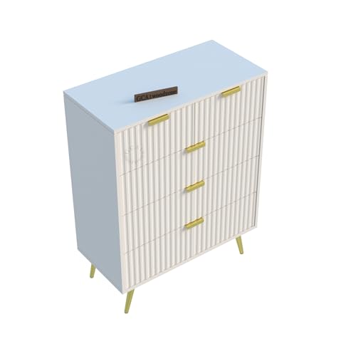 Image of Wooden Chest of Drawers | 5 Drawers Dresser Console Cabinet for Bedroom, Living Room, Drawing Room & Office | Sideboard Multipurpose Storage | HDMR Premium Wood & Iron (White & Golden)