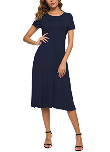 Image of EXCHIC Women's Casual Round Neck Short Sleeve Midi Dress Solid Stretchy Waist Knee Long Dress
