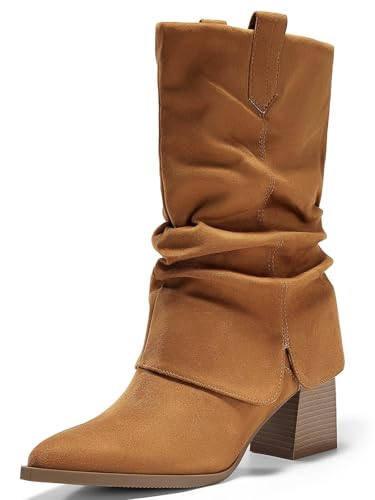 Coutgo Womens Fold Over Mid Calf Boots Slouchy Pointed Toe Chunky Heel Boots Pull On Winter Western Boot Shoes, Light Brown, size 7