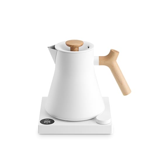 Image of Fellow Corvo EKG Electric Tea Kettle-Electric Pour Over Coffee and Tea Pot-Quick Heating Electric Kettles-Temperature Control & Built-In Brew Timer-Matte White with Maple Handle-0.9 Liter