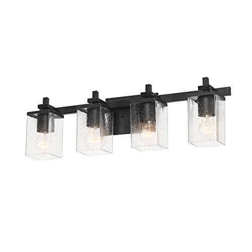 Image of GLOBE Electric 52089 Dakota 4-Light Vanity Light, Matte Black, Seeded Glass Shades