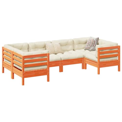 Homgoday Set de sofás jardín 6 pzas con Cojines Madera Pino marrón Cera, Set Muebles de Salon Exterior, Conjunto Muebles de Jardin, Juego de Muebles de jardín Tipo5
