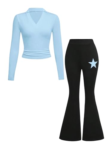 OYOANGLE Girl's Fall Outfits Collared V Neck Long Sleeve Tshirt and Star Bell Bottom Pants Workout Set