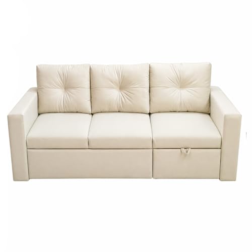 Image of FURNY Tira 4 Seater RHS Lounger Sofa Cum Bed (Cream) with Pull-Out Function | Luxury Velvet Suede Finish | Durable Comfort | Ideal for Living Room