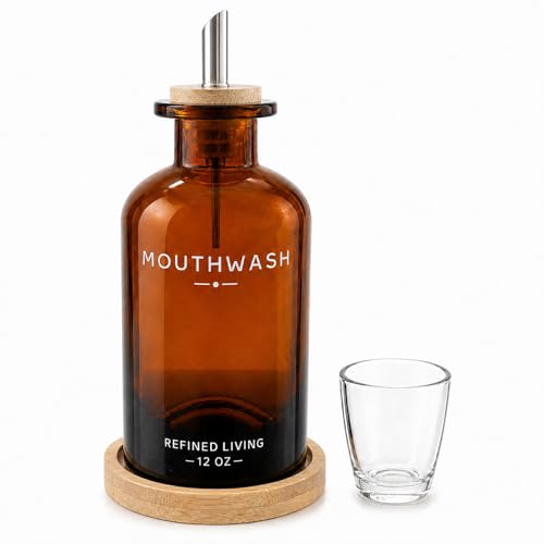 Image of Mouthwash Dispenser for Bathroom, 12 OZ Refillable Glass Mouthwash Bottle with Cup and Bamboo Tray, Decorative Mouth Wash Dispenser Set for Bathroom (Amber)