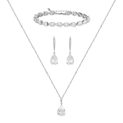 SWEETV Bridal Jewelry Set for Wedding Cubic Zirconia Crystal Wedding Jewelry Set for Bride Bridesmaid Crystal Teardrop Pendants Earrings Necklace Bracelet Set for Prom