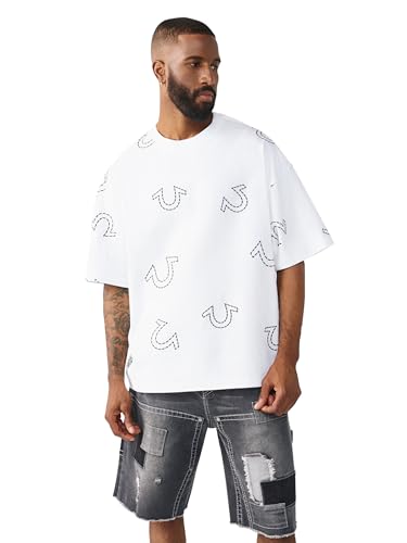 True Religion Men’s Short Sleeve HS Print Oversized Tee – Crewneck, Bold Graphic Streetwear – Optic White, XX-Large