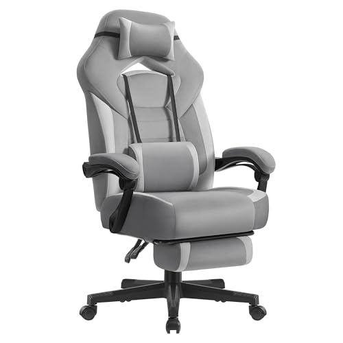 SONGMICS Silla Gaming, Silla de Oficina, Ordenador, Diseño Ergonómico, con Reposapiés, Reposacabezas Ajustable, Cojín Lumbar, Capacidad de Carga 150 kg, Gris Pizarra y Gris Paloma OBG077G02
