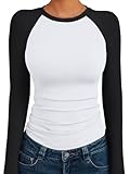 Trendy Queen Womens Long Sleeve Shirts 2025 Fall Fashion Outfits Clothes Slim Fitted Basic Tee Going Out Crop Tops Cute Y2k Teen Girl Color Block T Tshirts Clothing White Black Combo