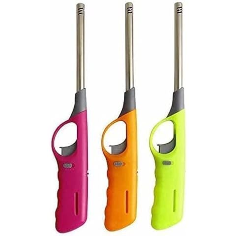 SKYTE 3 Pack Kitchen BBQ Lighter Candle Gas Cooker Oven Stove Clicker Long Lighter Camping Refillable Fire Stem Gas Safety Lock Refillable Lighter 27cm, Multicolor Cover